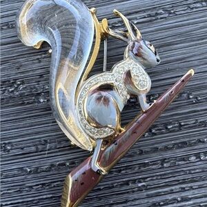 CORO Craft Sterling Pave CZ Enamel Squirrel on a Branch w/ Jelly Belly Tail Pin